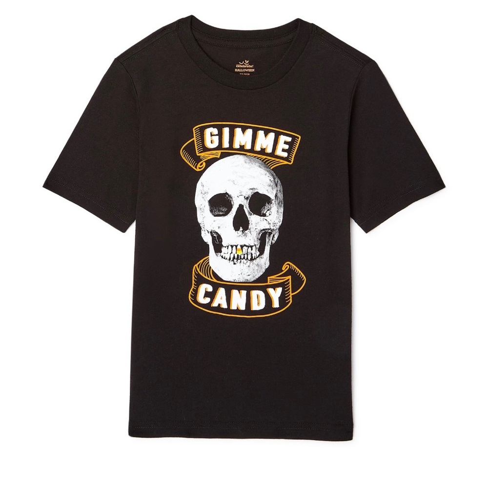 Sz 6-7 Boys Halloween Graphic Tee T-Shirt Black Gimme Candy Corn Tooth Skull